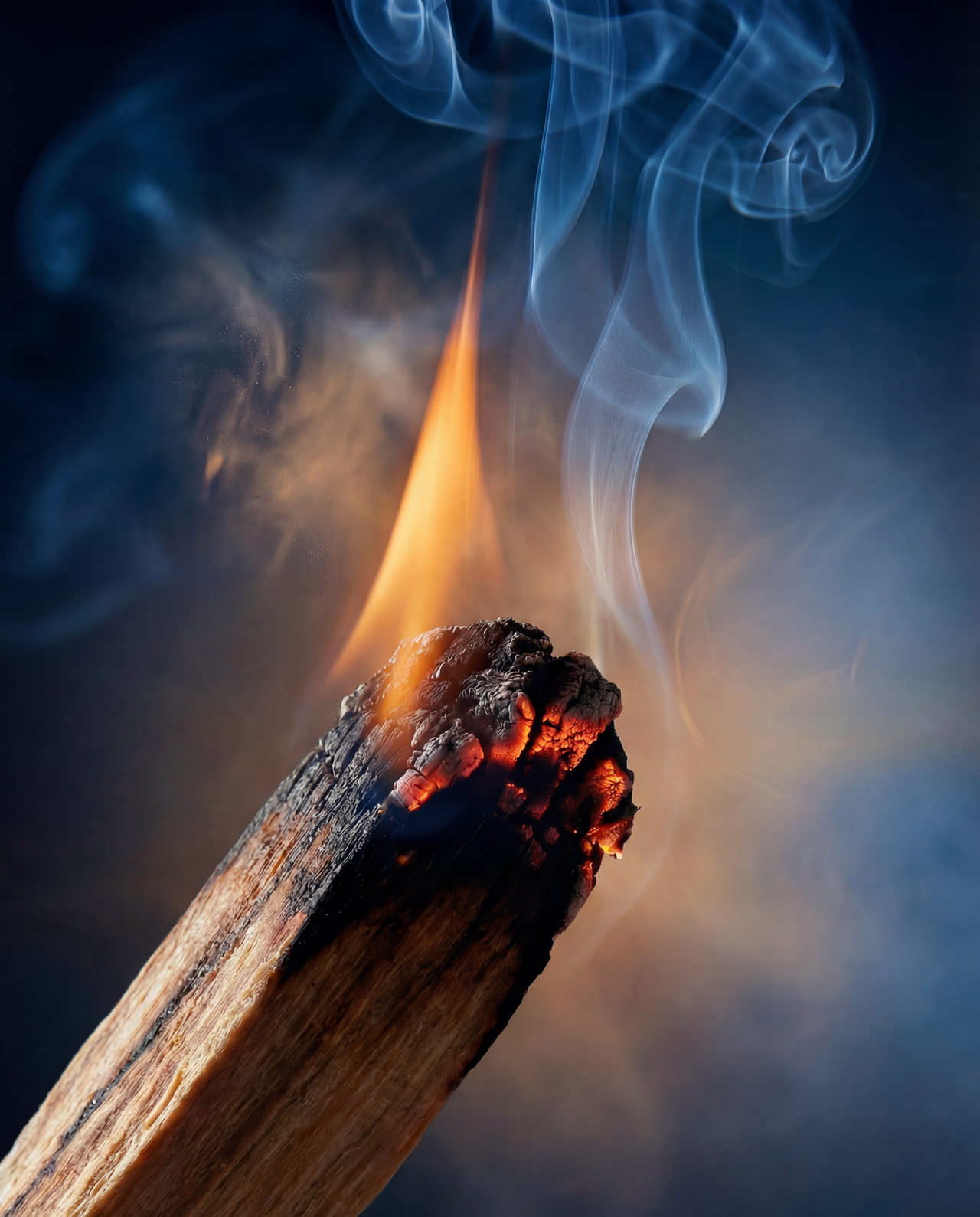 Close-up of a burning Marco Castro Palo Santo with smoke against a dark background